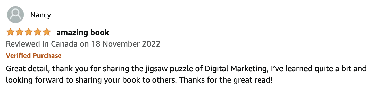 Amazon Review about Solving The Digital Marketing jigsaw Puzzle Book